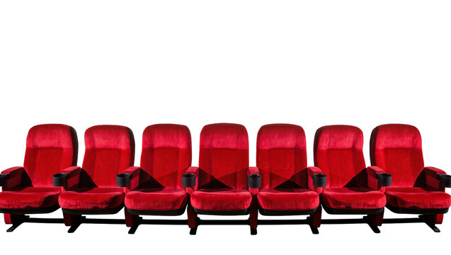 Row of plush red velvet cinema seats with cup holders, isolated on transparent background