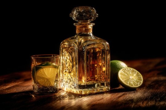 tequila bottle with glass and lime