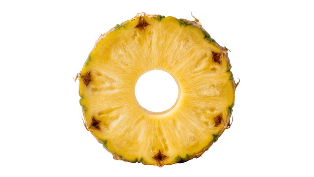 Bright yellow pineapple slice with central hole, isolated on transparent background
