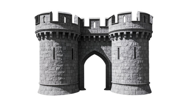 Stone castle gatehouse with crenellations and arrow slits, isolated on transparent background