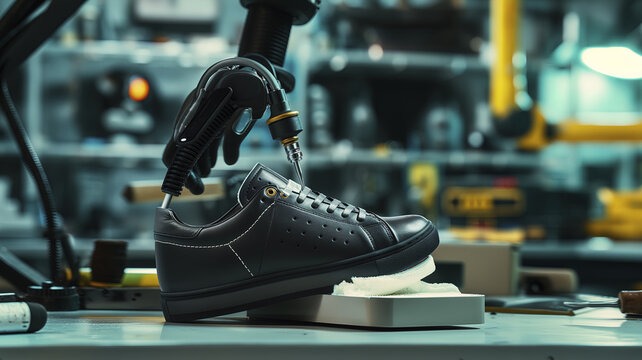 Automated robotic arm manufacturing and stitching a black leather sneaker in a modern industrial footwear factory