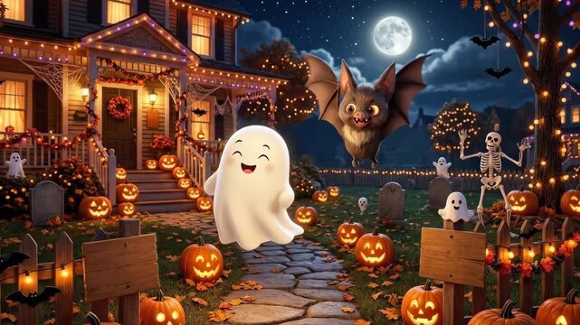 A happy Halloween night scene with a cheerful bat and ghost among spooky decorations, moonlit sky, repeating festive details, lighthearted seasonal energy, ultra-realistic, no logos.