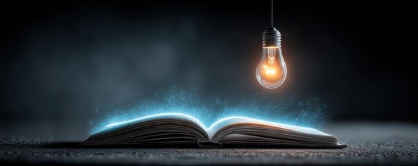 Naklejka na ściany i meble Illuminated light bulb hovering above an open book on a dark background