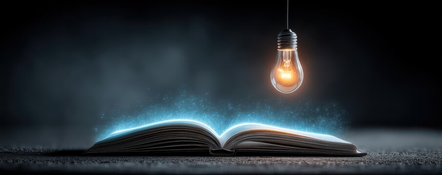 Illuminated light bulb hovering above an open book on a dark background