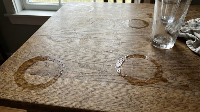 water rings on wooden table glass marks realism