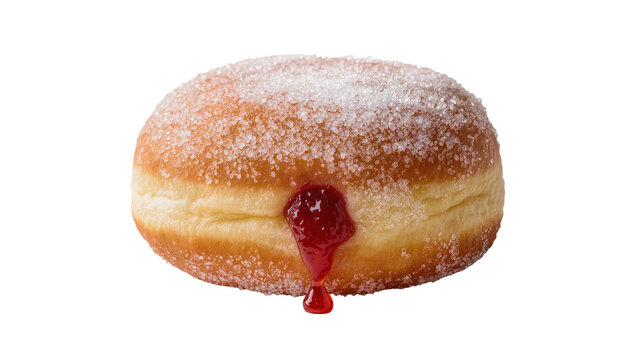 Plump sugar-coated doughnut with oozing red jam filling, isolated on transparent background