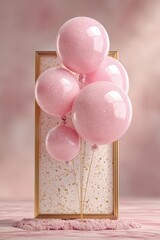 Obraz premium Pink balloons with glitter framing a festive golden bordered background
