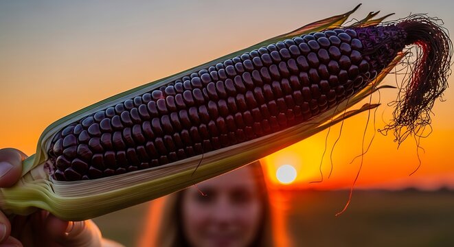 A woman holds up an ear of purple corn in a field at sunset