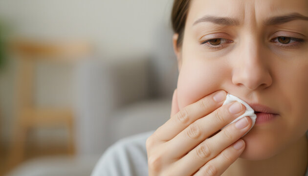 Unhappy young woman holding a white tissue to her swollen cheek while suffering from dental pain. healthcare issue, medical problem, stressful condition.