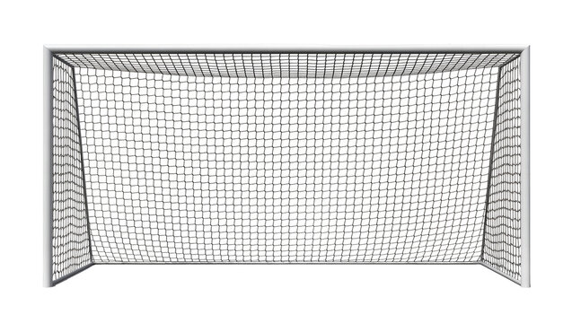 White metal soccer goal with black net, isolated on transparent background
