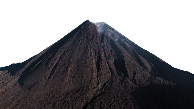 Dark conical volcano with smoke plume, isolated on transparent background