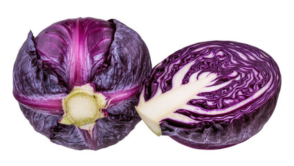 Fototapeta premium Whole and halved red cabbage with vibrant purple leaves, isolated on transparent background