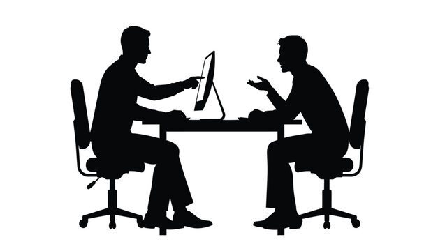 Two men are depicted in a business discussion one typing on a computer while the other gestures emphatically appearing as a silhouette high quality