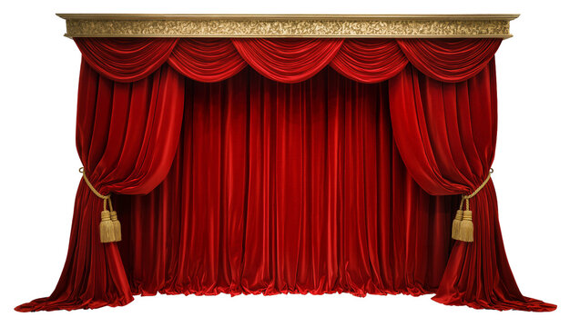 Luxurious red velvet theater curtains with gold ornate trim, isolated on transparent background