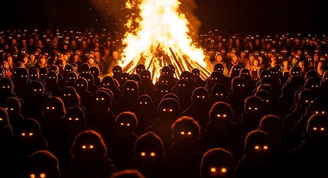 A large crowd of people wearing hoods gather around a burning bonfire at night