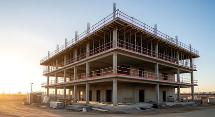 Fototapeta premium Modern architectural skeleton of a four-story office complex captured during the golden hour on an active building lot.