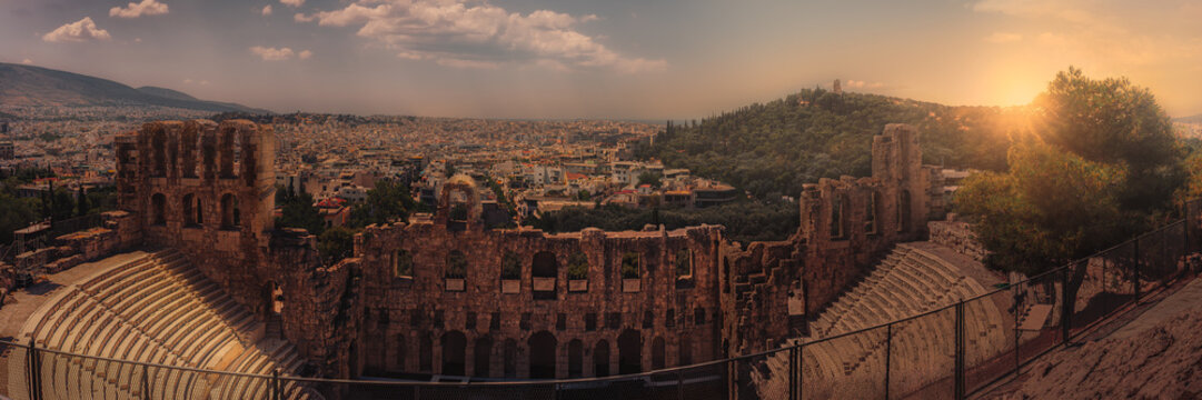 Sunset Panorama of the Odeon of Herodes Atticus and Athens Cityscape