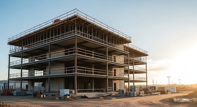 ​A multi-story steel frame building stands under a clear sky during sunset on a modern industrial construction site.