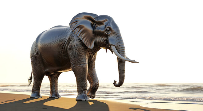 A metallic elephant with detailed tusks walks on a sandy beach at sunrise, gentle waves lapping the shore, atmospheric lighting, majestic wildlife, abstract safari concept