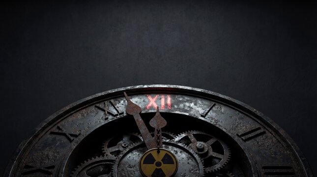 Close-up of a rusty doomsday clock with a nuclear symbol counting down to midnight against a dark background.