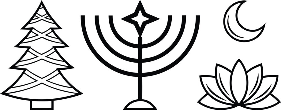 Black and white holiday tree menorah dreidel and star