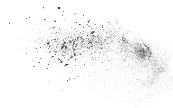 Black charcoal dust flying, gunpowder isolated on white background and texture, clipping path