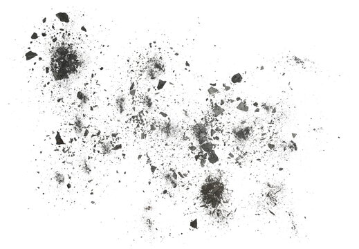 Black charcoal dust flying, gunpowder isolated on white background and texture, clipping path