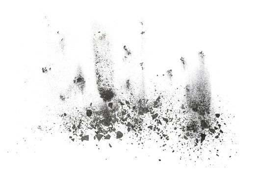 Black charcoal dust flying, gunpowder isolated on white background and texture, clipping path