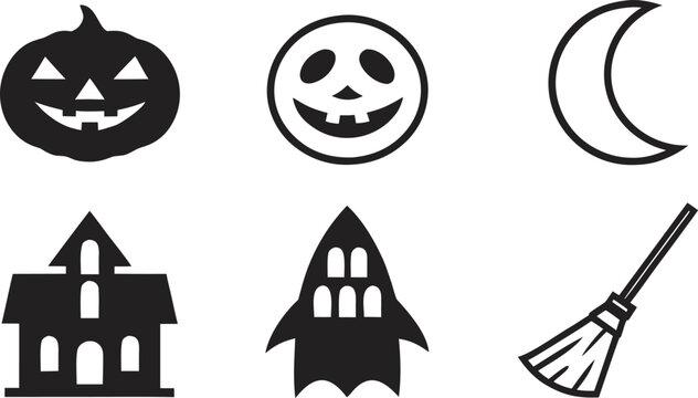 A spooky Halloween icon set featuring pumpkins ghosts bats witches cats and other cartoon style symbols in a dark festive design