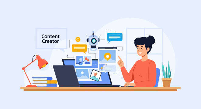 A content creator skillfully uses technology and AI tools to design engaging digital content on her laptop.