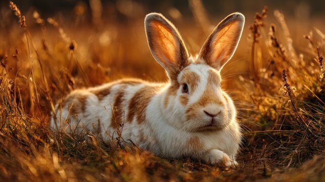 White and Brown Rabbit Lying in Golden Wheat Field.