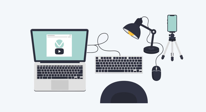 A flat lay of a laptop, keyboard, mouse, ring light, desk lamp, and smartphone on a tripod, suggesting a content creation setup.