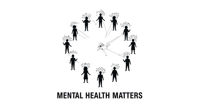 Mental health matters awareness illustration with silhouettes of people in a circle.