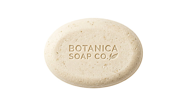 A close-up view of a natural soap bar with the Botanica Soap Co. logo on a black background