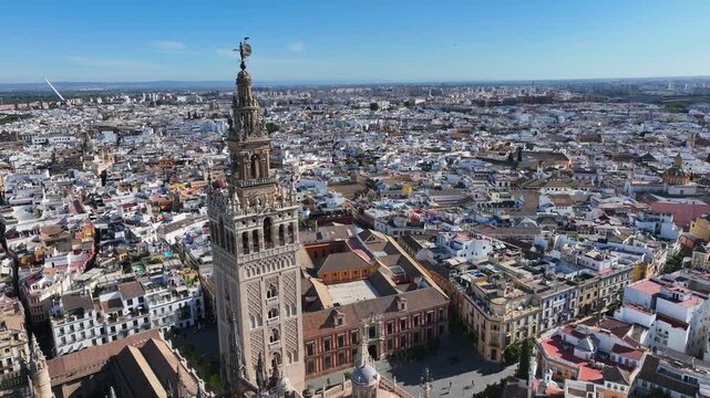 Tower of Seville Cathedral, Spain, seen and filmed from a drone