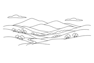 Fototapeta premium 2D Minimalist Line Art Landscape with Mountains, Rolling Hills and River in Clean Outline Style