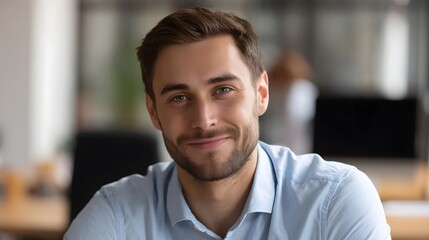Obraz premium Smiling male professional in a modern office setting conveying confidence and success during a collaborative work day