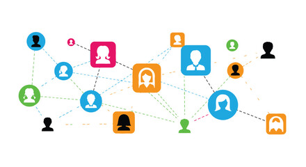 Fototapeta premium Colorful vector illustration showing a global network of people connected by various lines and shapes