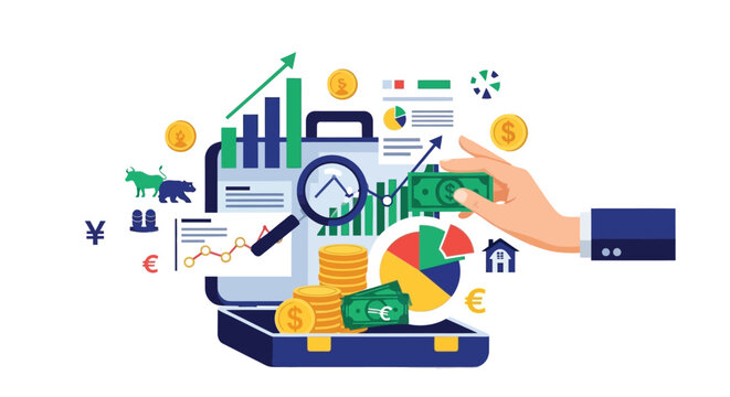 Professional vector illustration of a briefcase filled with financial market data and investment banking growth charts