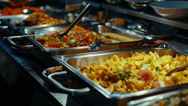 An assortment of entrees featuring different types of noodles and sauces on display at a catering event