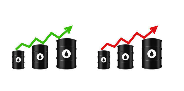 Oil barrel chart with green and red arrows showing uptrend and downtrend for crude oil prices rising and falling oil consumption