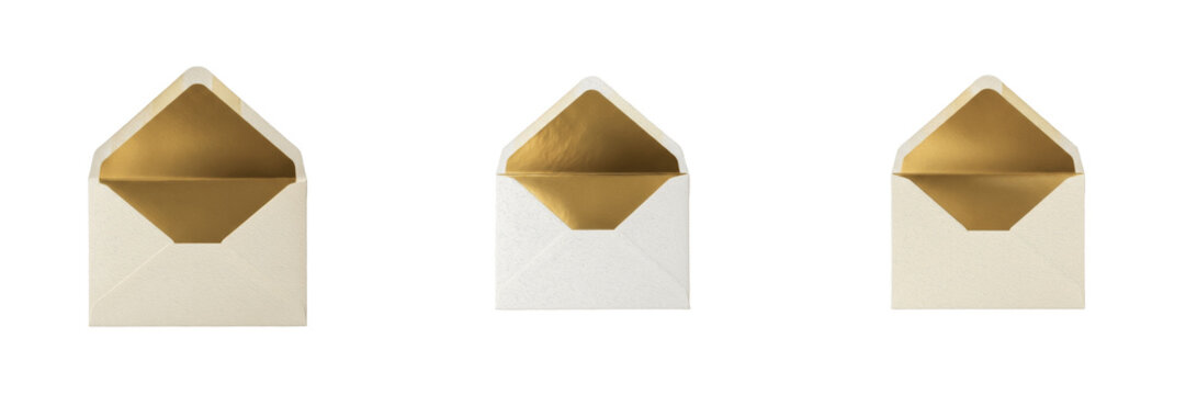 Set of Elegant White and Cream Envelopes with Luxury Gold Foil Interior Lining Isolated on Transparent PNG Background