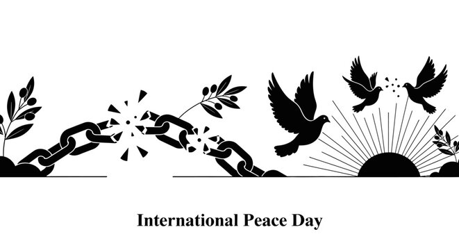 International Peace Day illustration with broken chains and flying doves.