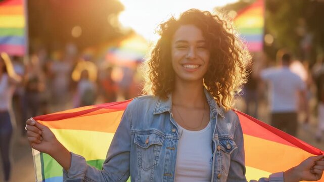 Happy beautiful young woman wrapped in a rainbow flag walking and smiling at a Pride parade. LGBTQ demonstration, diversity and equality concept during Pride month 2026.