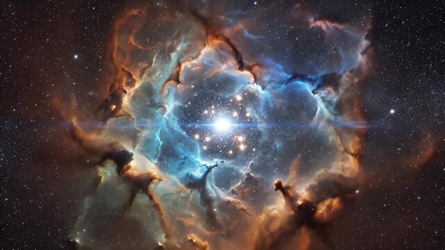 A vibrant, multicolored cosmic nebula with glowing filaments and starlit background