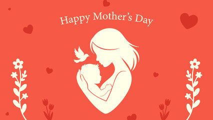 happy mothers day greeting card with mother and baby silhouette, modern mothers day illustration with floral and heart elements, mother and child love concept minimal vector design, elegant motherhood © Dream Graphics