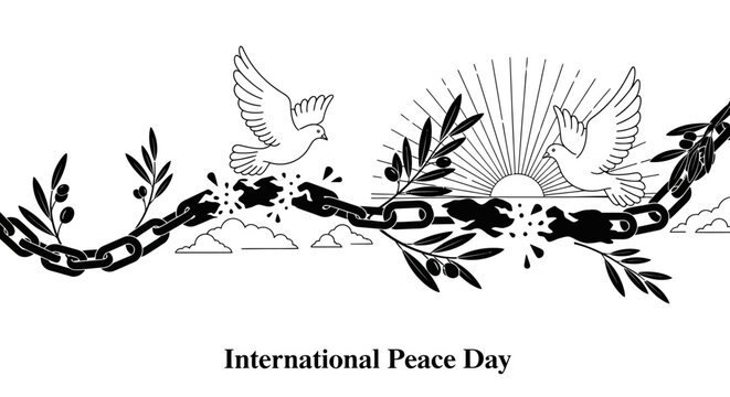 International Peace Day concept with broken chains and doves.