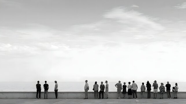 A wide black and white photograph capturing a group of people standing along a waterfront promenade overlooking the vast sea under a dramatic sky