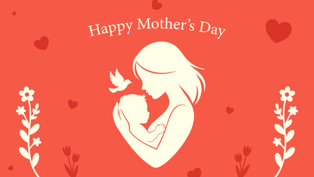 happy mothers day greeting card with mother and baby silhouette, modern mothers day illustration with floral and heart elements, mother and child love concept minimal vector design, elegant motherhood