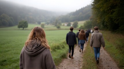 Fototapeta premium A group of friends walks down a rural dirt path through a foggy autumnal landscape